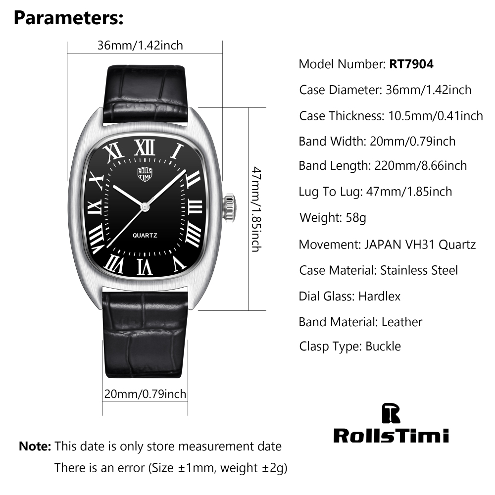 RollsTimi RT7904 Men's Quartz Watches 36MM Classic Leather Watchband Business Wrist Watch for Man