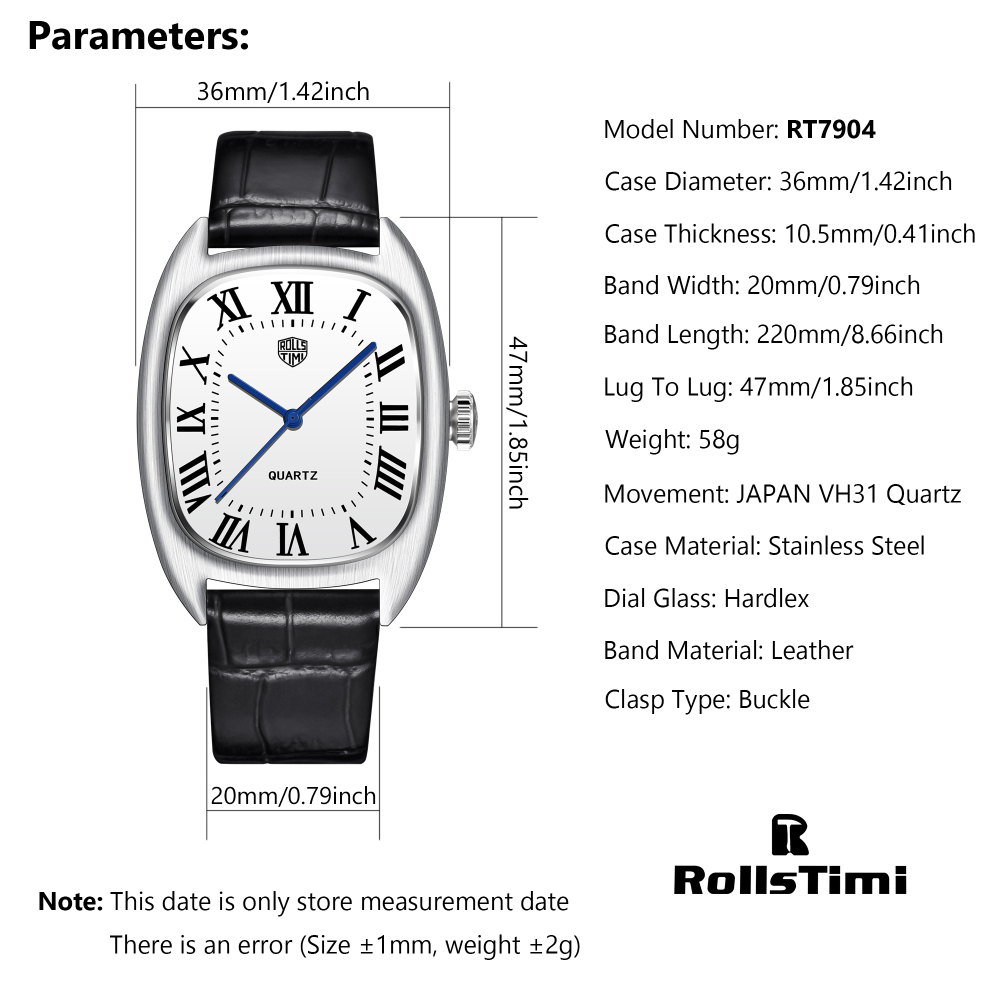 RollsTimi RT7904 Men's Quartz Watches 36MM Classic Leather Watchband Business Wrist Watch for Man