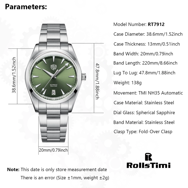 RollsTimi Automatic Men's Watches 38.6mm Stainless Steel Mechanical 100M Waterproof Wrist Watch for Men, Deep Blue TMI NH35 Movt, Sapphire Dial Glass
