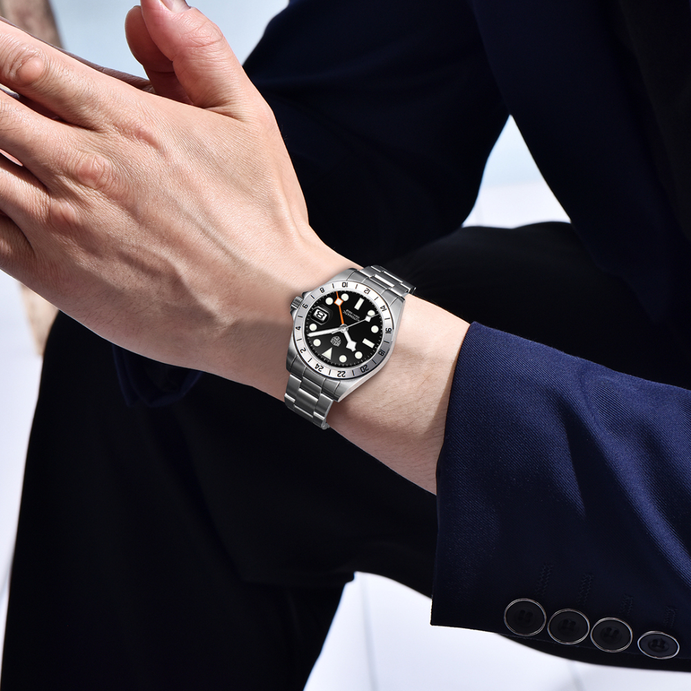 RollsTimi Automatic Men's GMT Watches NH34 Stainless Steel Mechanical Waterproof Wrist Watch for Men, Auto Date, Sapphire Dial, AR Coating