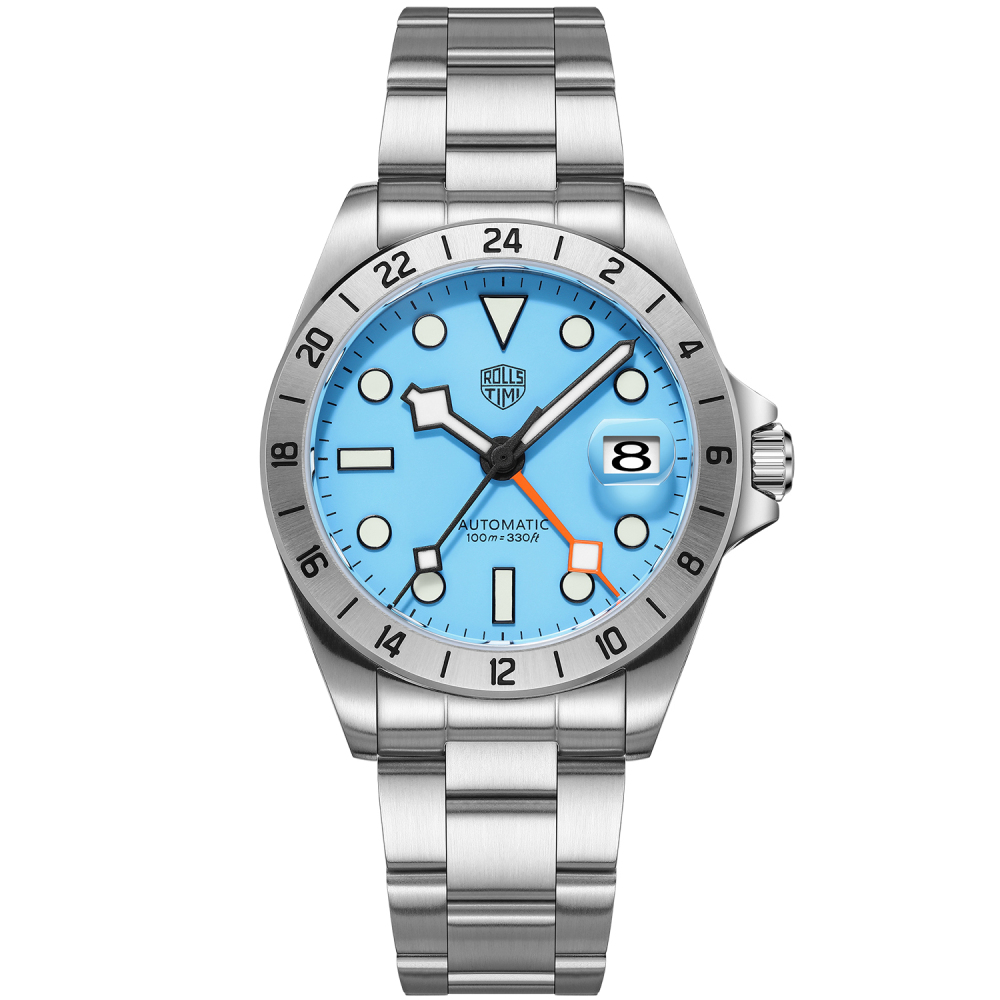 RollsTimi Automatic Men's GMT Watches NH34 Stainless Steel Mechanical Waterproof Wrist Watch for Men, Auto Date, Sapphire Dial, AR Coating