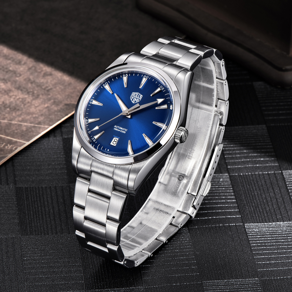 RollsTimi Automatic Men's Watches 38.6mm Stainless Steel Mechanical 100M Waterproof Wrist Watch for Men, TMI NH35 Movt, Sapphire Dial Glass