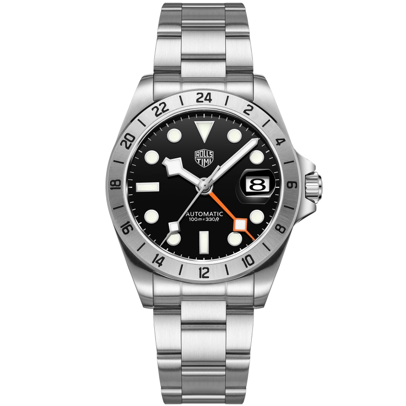 RollsTimi Automatic Men's GMT Watches NH34 Stainless Steel Mechanical Waterproof Wrist Watch for Men, Auto Date, Sapphire Dial, AR Coating