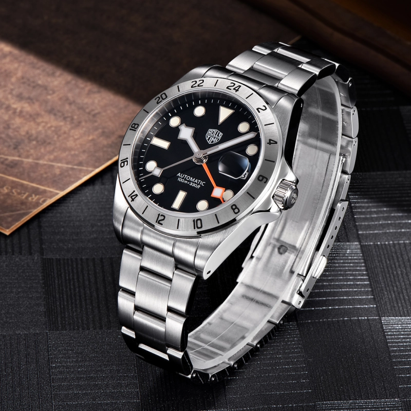 RollsTimi Automatic Men's GMT Watches NH34 Stainless Steel Mechanical Waterproof Wrist Watch for Men, Auto Date, Sapphire Dial, AR Coating