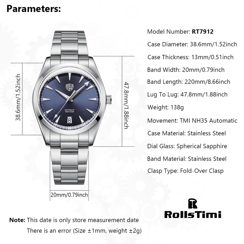 RollsTimi Automatic Men's Watches 38.6mm Stainless Steel Mechanical 100M Waterproof Wrist Watch for Men, TMI NH35 Movt, Sapphire Dial Glass