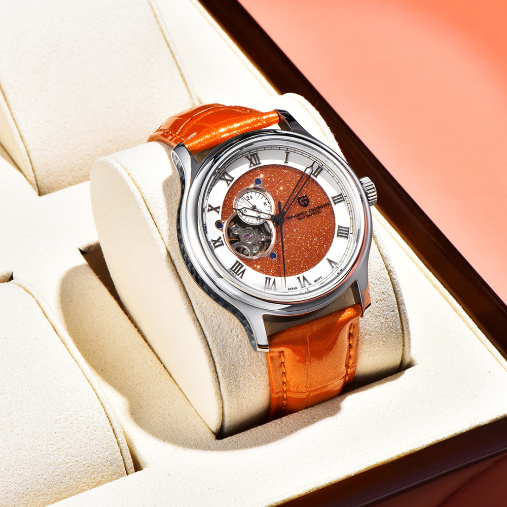 PAGANI DESIGN PD-YS015 Automatic Men's Watch Luxury Business Stainless Steel Wrist Watch with Leather Watchband, Green, Orange, Black