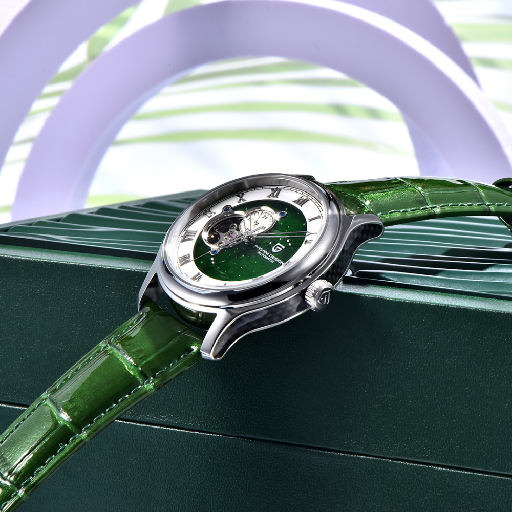 PAGANI DESIGN PD-YS015 Automatic Men's Watch Luxury Business Stainless Steel Wrist Watch with Leather Watchband, Green, Orange, Black