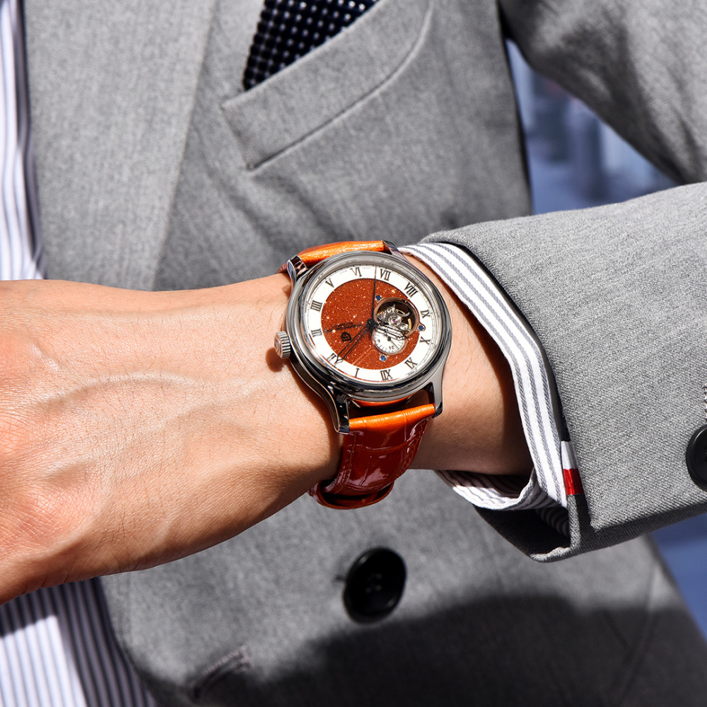 PAGANI DESIGN PD-YS015 Automatic Men's Watch Luxury Business Stainless Steel Wrist Watch with Leather Watchband, Green, Orange, Black