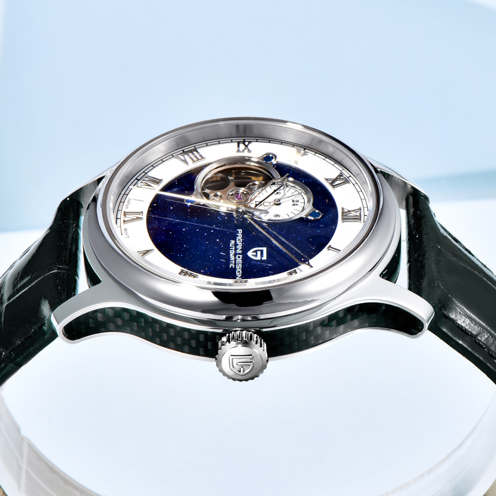 PAGANI DESIGN PD-YS015 Automatic Men's Watch Luxury Business Stainless Steel Wrist Watch with Leather Watchband, Green, Orange, Black