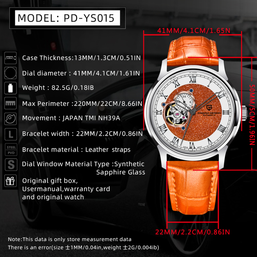 PAGANI DESIGN PD-YS015 Automatic Men's Watch Luxury Business Stainless Steel Wrist Watch with Leather Watchband, Green, Orange, Black