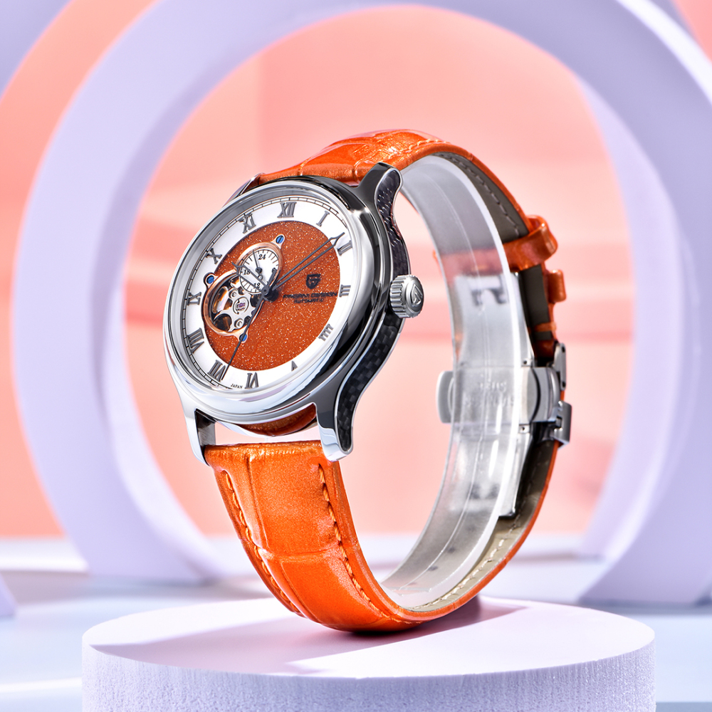 PAGANI DESIGN PD-YS015 Automatic Men's Watch Luxury Business Stainless Steel Wrist Watch with Leather Watchband, Green, Orange, Black