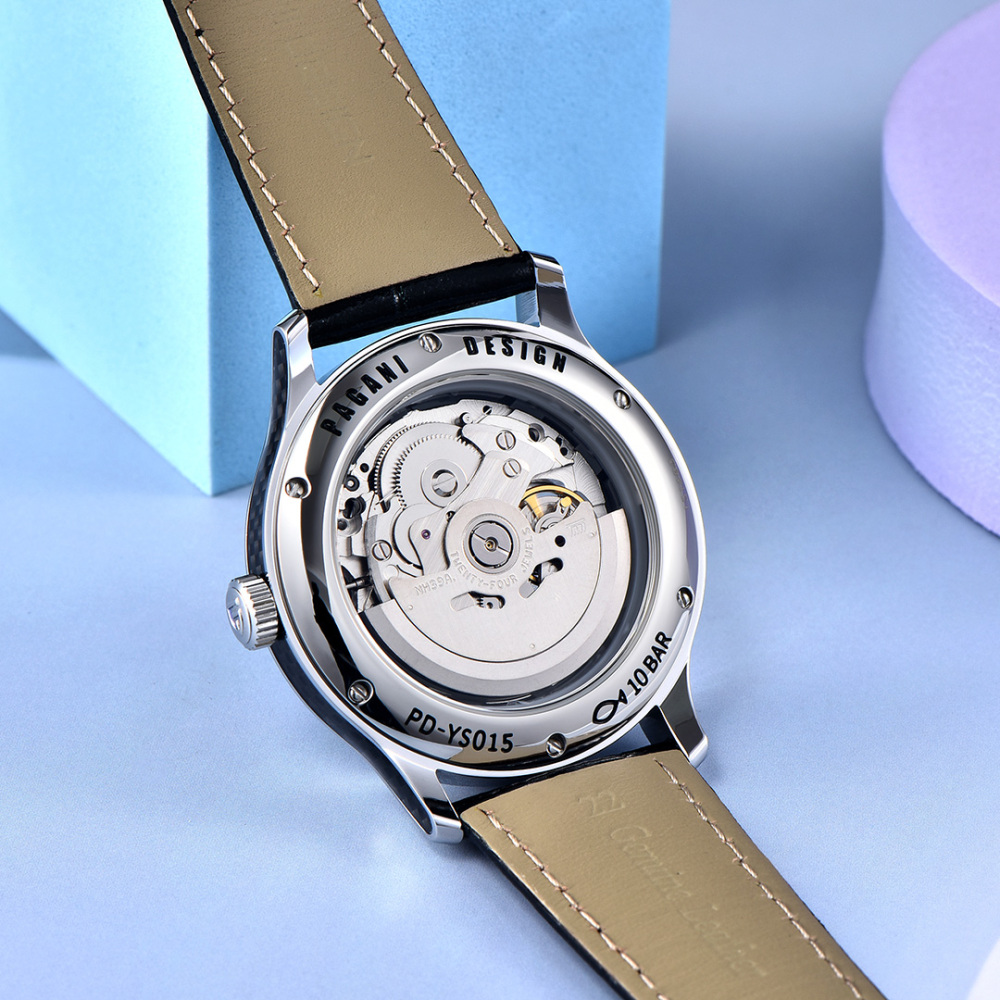 PAGANI DESIGN PD-YS015 Automatic Men's Watch Luxury Business Stainless Steel Wrist Watch with Leather Watchband, Green, Orange, Black