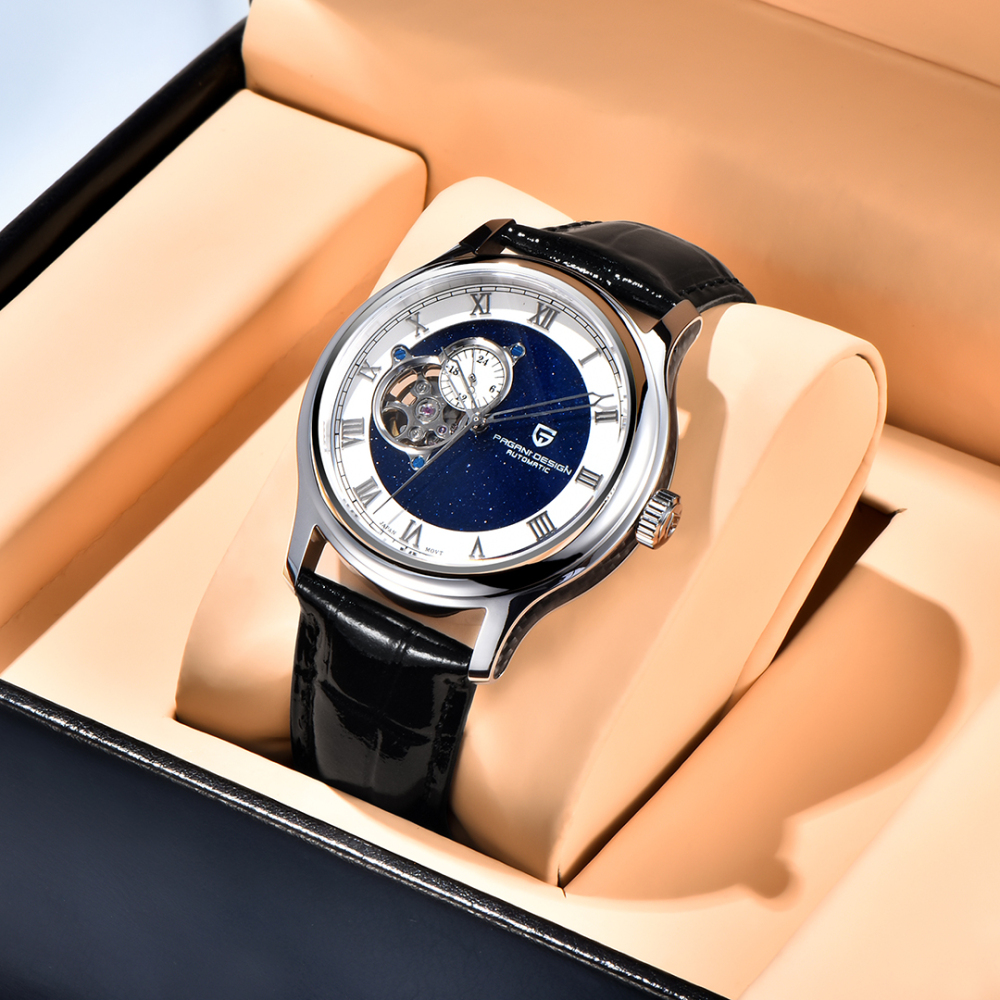 PAGANI DESIGN PD-YS015 Automatic Men's Watch Luxury Business Stainless Steel Wrist Watch with Leather Watchband, Green, Orange, Black