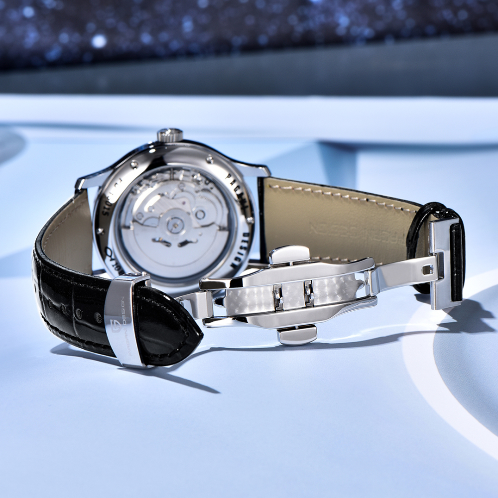 PAGANI DESIGN PD-YS015 Automatic Men's Watch Luxury Business Stainless Steel Wrist Watch with Leather Watchband, Green, Orange, Black