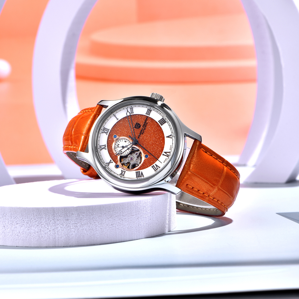 PAGANI DESIGN PD-YS015 Automatic Men's Watch Luxury Business Stainless Steel Wrist Watch with Leather Watchband, Green, Orange, Black