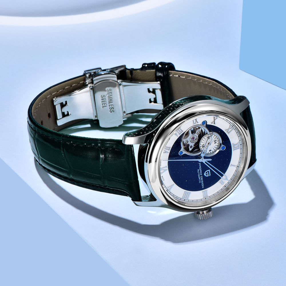 PAGANI DESIGN PD-YS015 Automatic Men's Watch Luxury Business Stainless Steel Wrist Watch with Leather Watchband, Green, Orange, Black