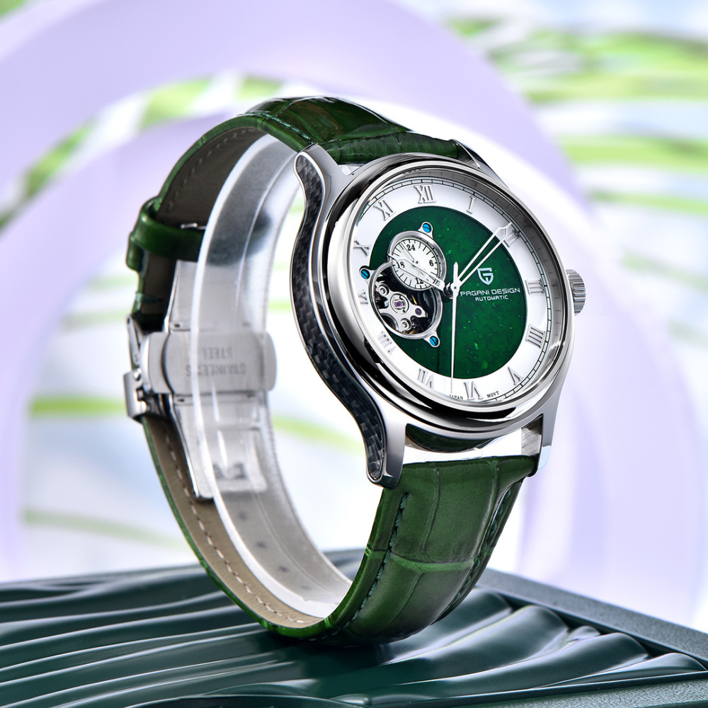 PAGANI DESIGN PD-YS015 Automatic Men's Watch Luxury Business Stainless Steel Wrist Watch with Leather Watchband, Green, Orange, Black
