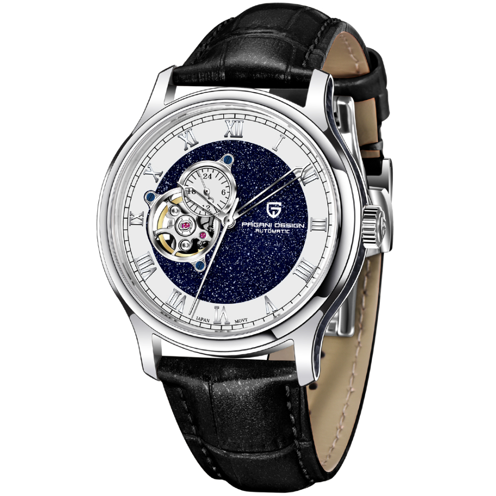 PAGANI DESIGN PD-YS015 Automatic Men's Watch Luxury Business Stainless Steel Wrist Watch with Leather Watchband, Green, Orange, Black