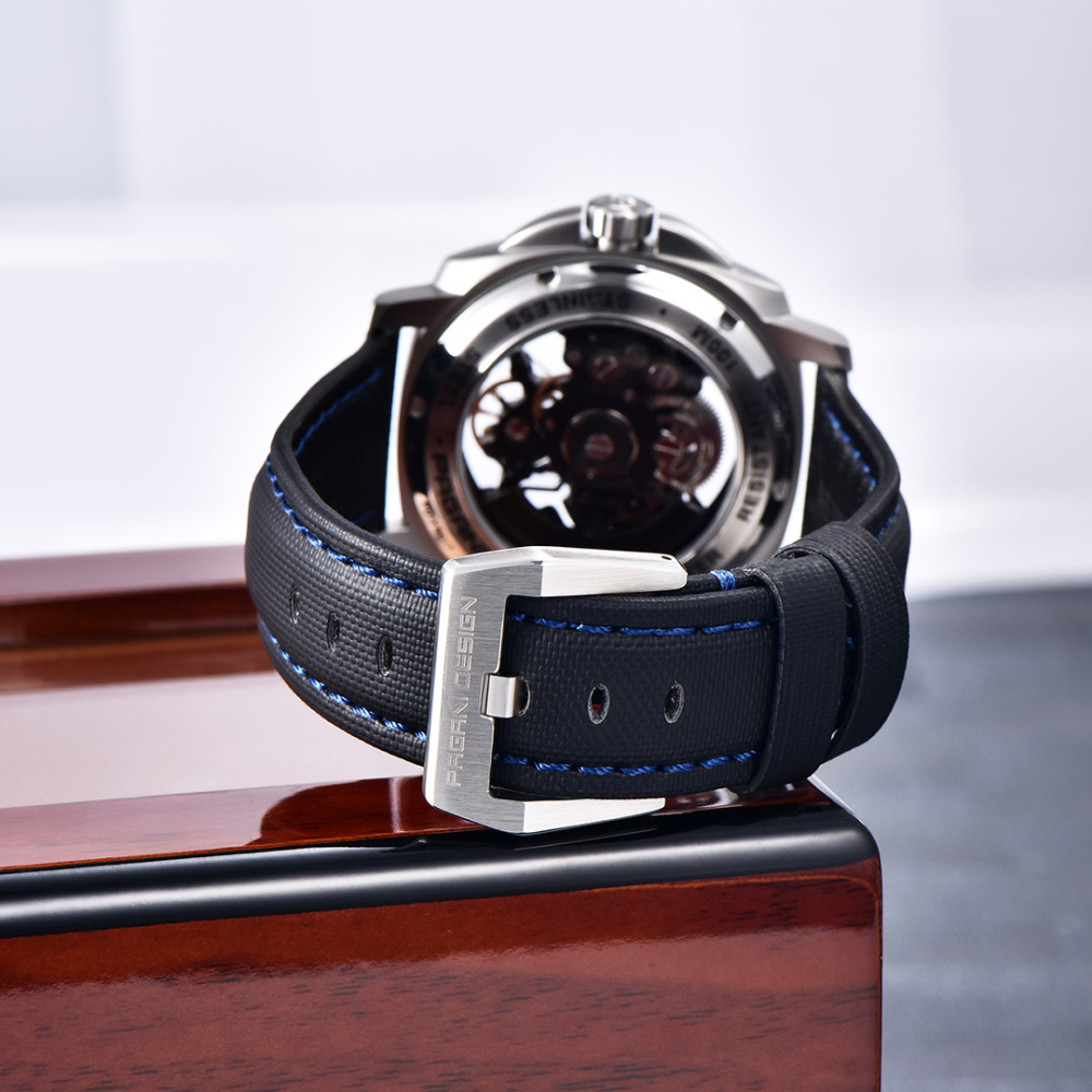 PAGANI DESIGN PD-YS017 Automatic Men's Watches Stainless Steel Mechanical Skeleton Wrist Watch with PU Leather Watchband