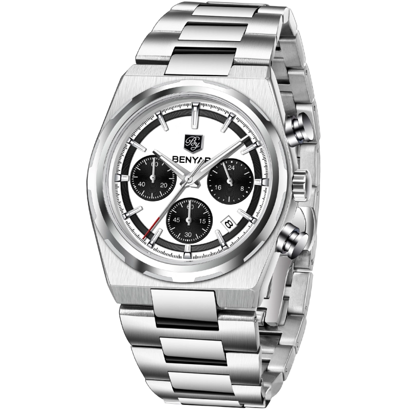 BENYAR BY-5204 Quartz Men's Watches Stainless Steel Waterproof Chronograph Wrist Watches for Men, Luxury Business Sports Gift Watches, Auto Date