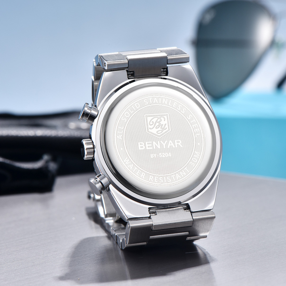 BENYAR BY-5204 Quartz Men's Watches Stainless Steel Waterproof Chronograph Wrist Watches for Men, Luxury Business Sports Gift Watches, Auto Date