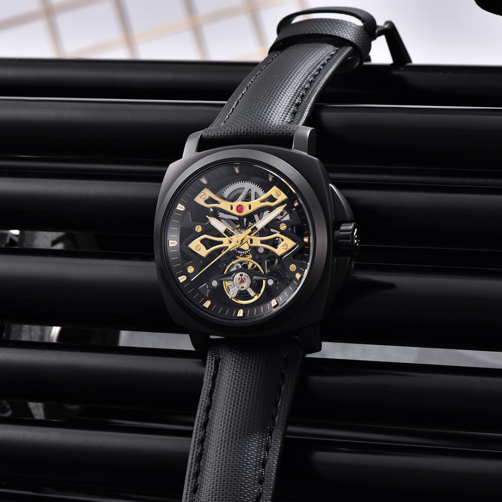PAGANI DESIGN PD-YS017 Automatic Men's Watches Stainless Steel Mechanical Skeleton Wrist Watch with PU Leather Watchband