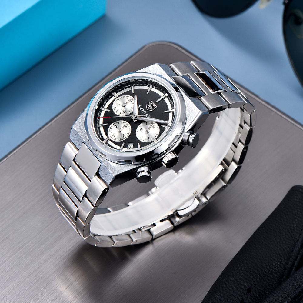 BENYAR BY-5204 Quartz Men's Watches Stainless Steel Waterproof Chronograph Wrist Watches for Men, Luxury Business Sports Gift Watches, Auto Date
