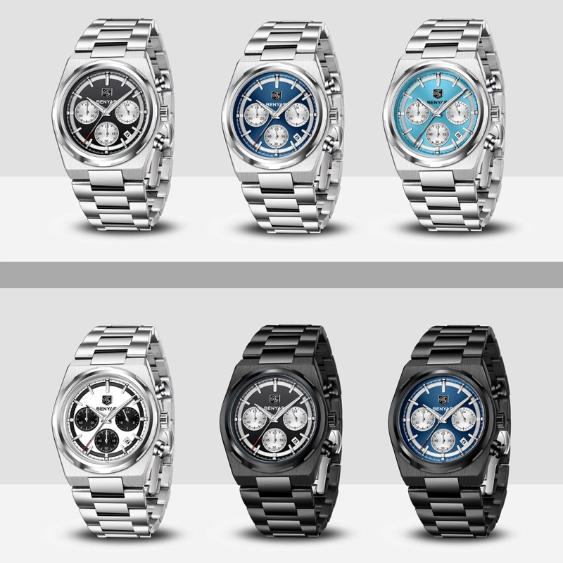 BENYAR BY-5204 Quartz Men's Watches Stainless Steel Waterproof Chronograph Wrist Watches for Men, Luxury Business Sports Gift Watches, Auto Date