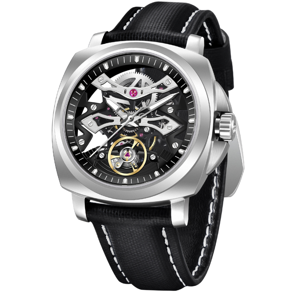 PAGANI DESIGN PD-YS017 Automatic Men's Watches Stainless Steel Mechanical Skeleton Wrist Watch with PU Leather Watchband