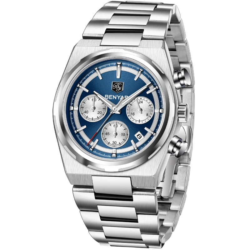 BENYAR BY-5204 Quartz Men's Watches Stainless Steel Waterproof Chronograph Wrist Watches for Men, Luxury Business Sports Gift Watches, Auto Date