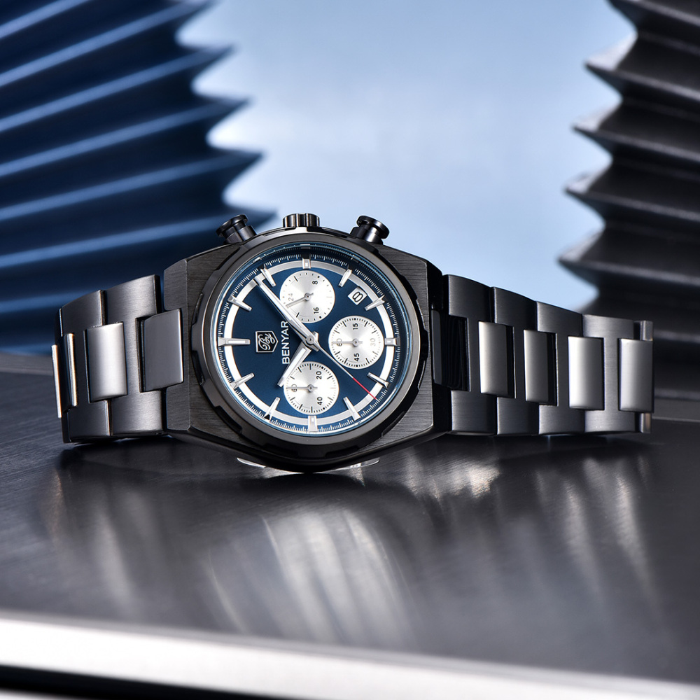 BENYAR BY-5204 Quartz Men's Watches Stainless Steel Waterproof Chronograph Wrist Watches for Men, Luxury Business Sports Gift Watches, Auto Date
