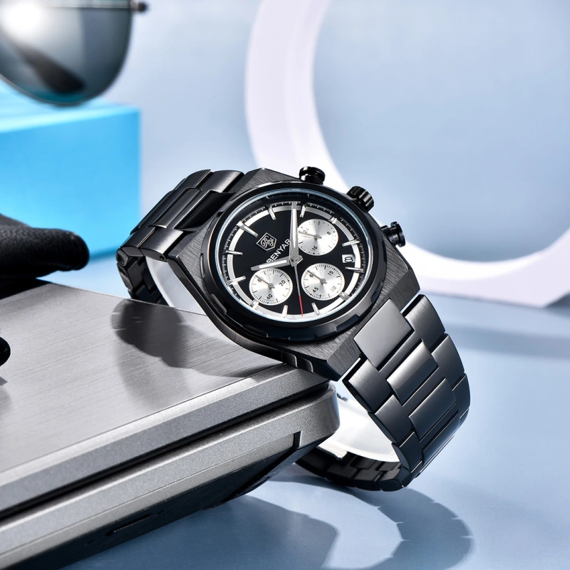 BENYAR BY-5204 Quartz Men's Watches Stainless Steel Waterproof Chronograph Wrist Watches for Men, Luxury Business Sports Gift Watches, Auto Date