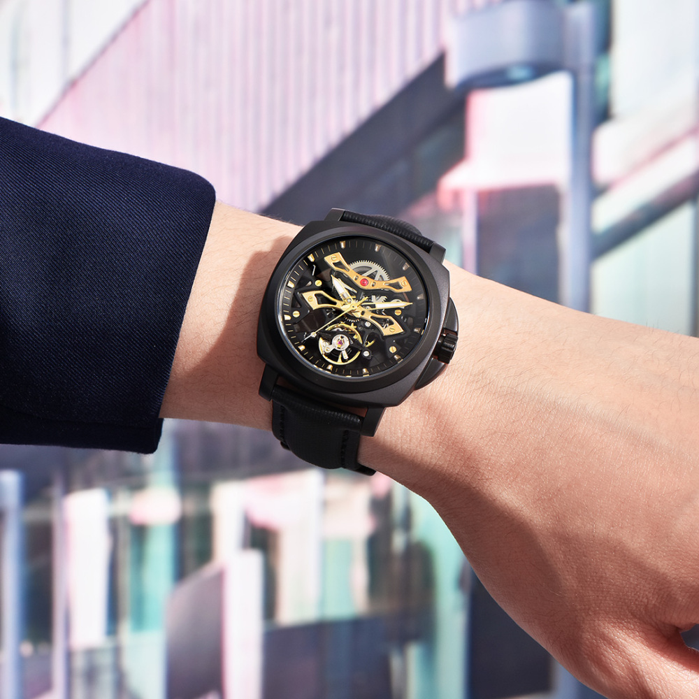 PAGANI DESIGN PD-YS017 Automatic Men's Watches Stainless Steel Mechanical Skeleton Wrist Watch with PU Leather Watchband