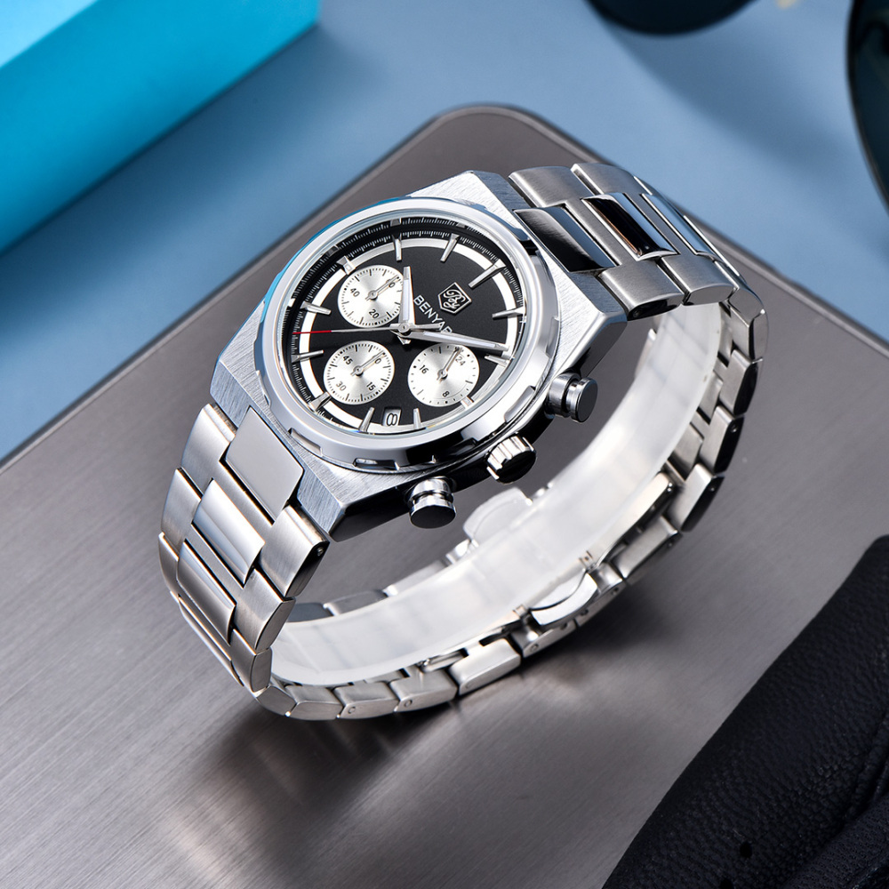 BENYAR BY-5204 Quartz Men's Watches Stainless Steel Waterproof Chronograph Wrist Watches for Men, Luxury Business Sports Gift Watches, Auto Date