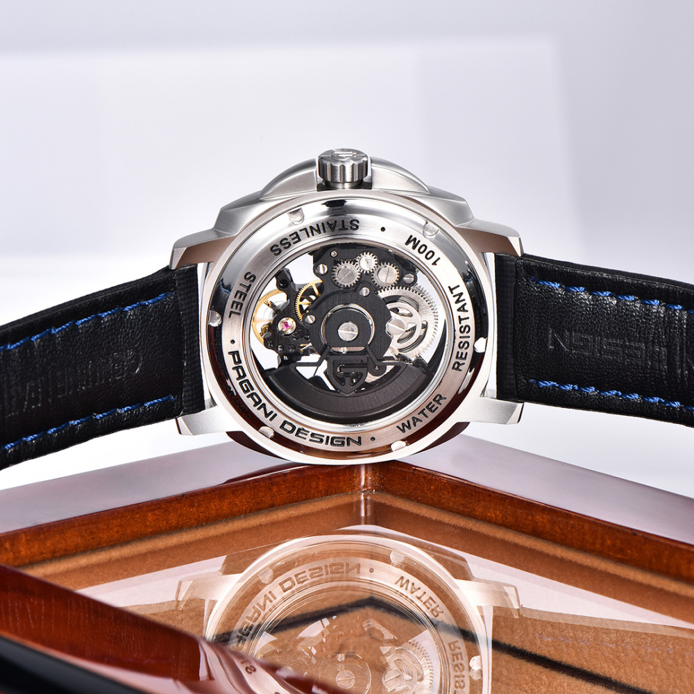 PAGANI DESIGN PD-YS017 Automatic Men's Watches Stainless Steel Mechanical Skeleton Wrist Watch with PU Leather Watchband