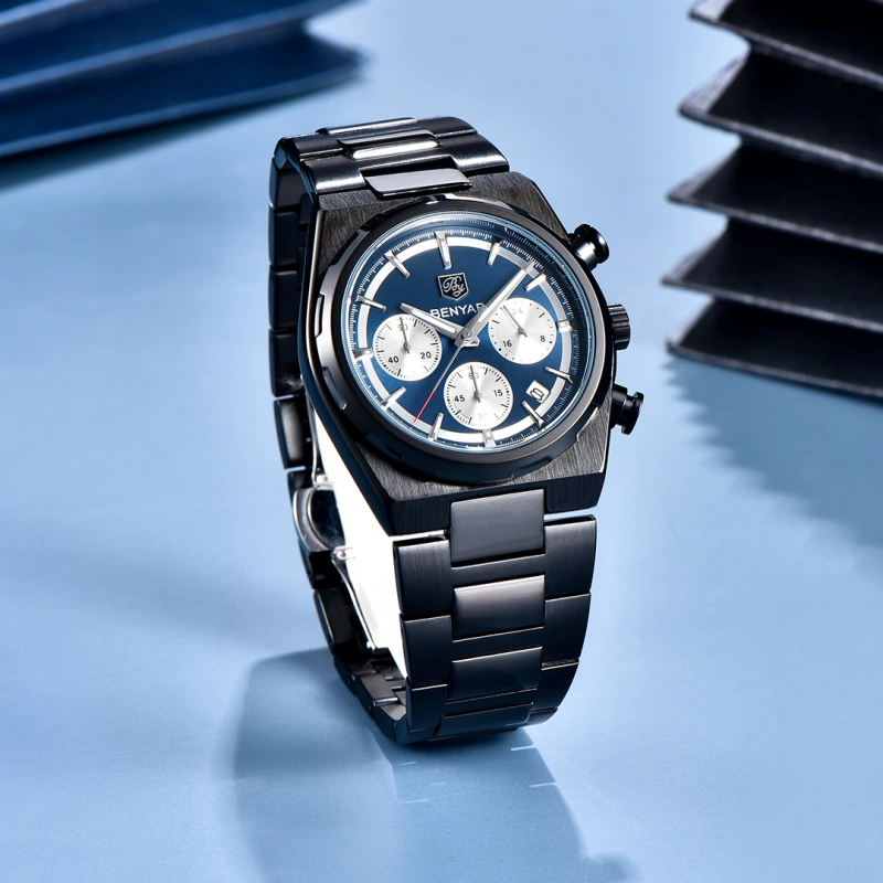 BENYAR BY-5204 Quartz Men's Watches Stainless Steel Waterproof Chronograph Wrist Watches for Men, Luxury Business Sports Gift Watches, Auto Date