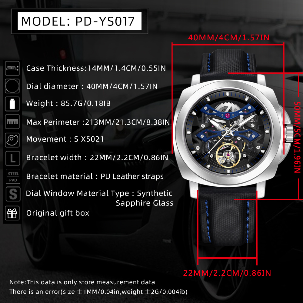 PAGANI DESIGN PD-YS017 Automatic Men's Watches Stainless Steel Mechanical Skeleton Wrist Watch with PU Leather Watchband