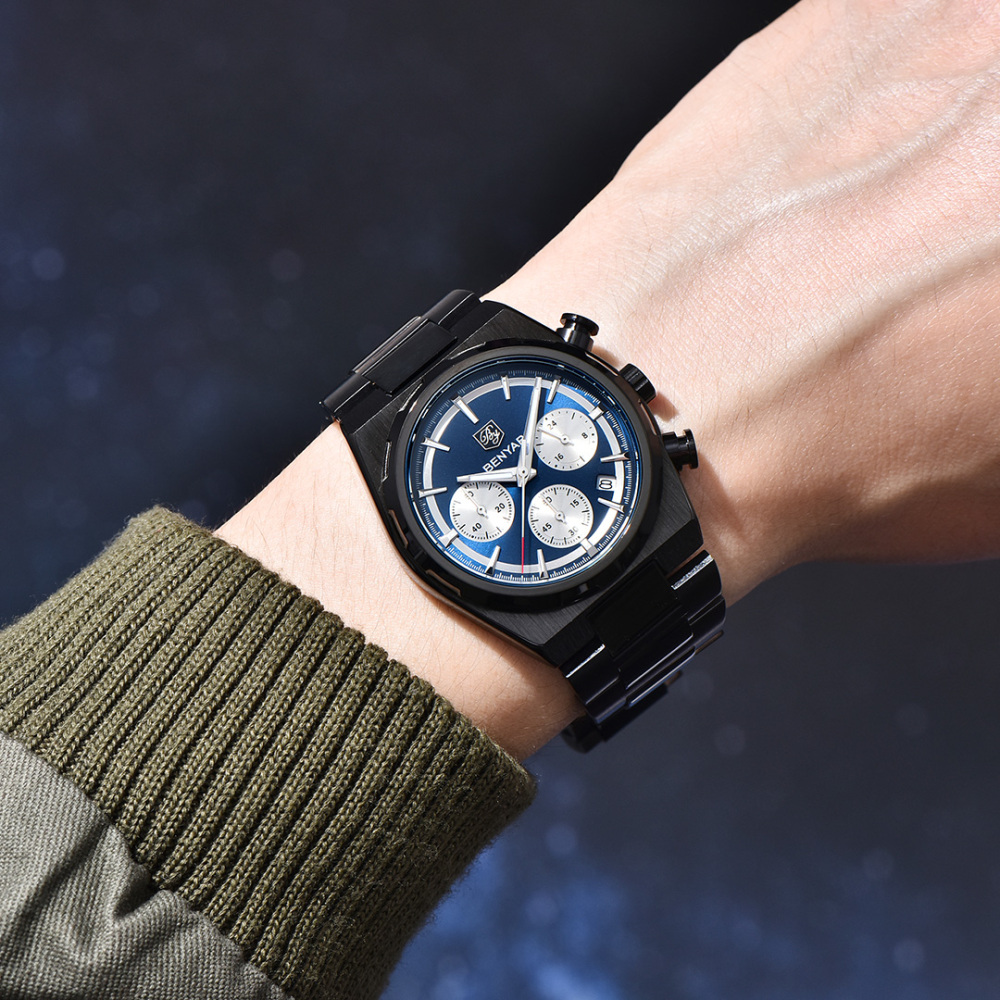 BENYAR BY-5204 Quartz Men's Watches Stainless Steel Waterproof Chronograph Wrist Watches for Men, Luxury Business Sports Gift Watches, Auto Date