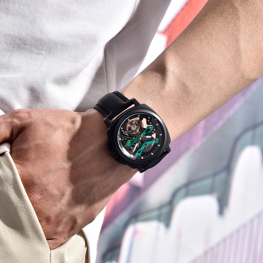 PAGANI DESIGN PD-YS017 Automatic Men's Watches Stainless Steel Mechanical Skeleton Wrist Watch with PU Leather Watchband