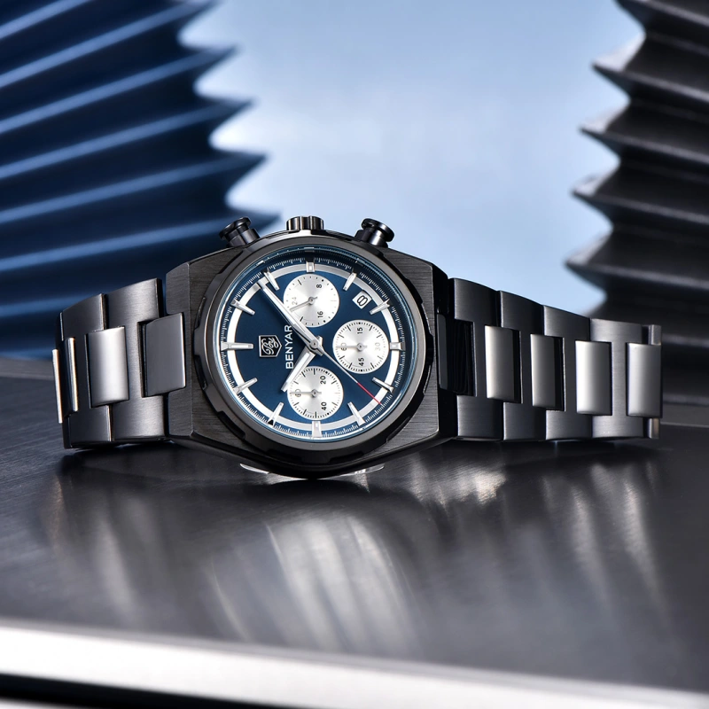 BENYAR BY-5204 Quartz Men's Watches Stainless Steel Waterproof Chronograph Wrist Watches for Men, Luxury Business Sports Gift Watches, Auto Date