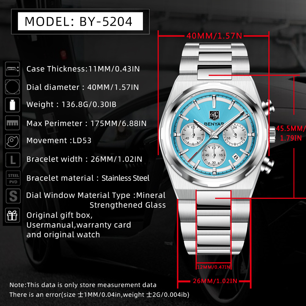 BENYAR BY-5204 Quartz Men's Watches Stainless Steel Waterproof Chronograph Wrist Watches for Men, Luxury Business Sports Gift Watches, Auto Date