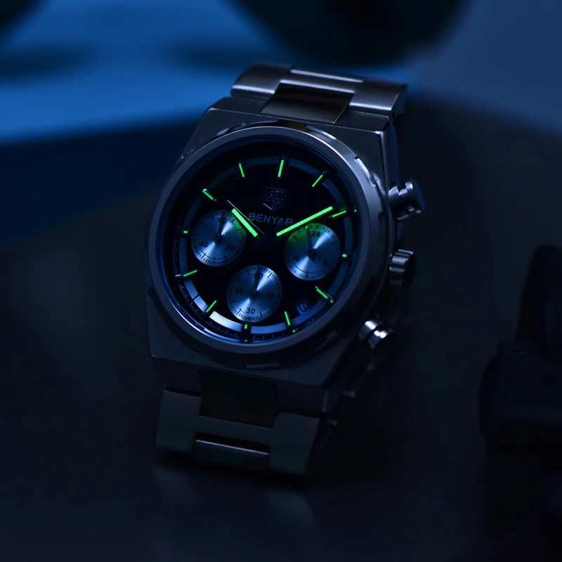 BENYAR BY-5204 Quartz Men's Watches Stainless Steel Waterproof Chronograph Wrist Watches for Men, Luxury Business Sports Gift Watches, Auto Date