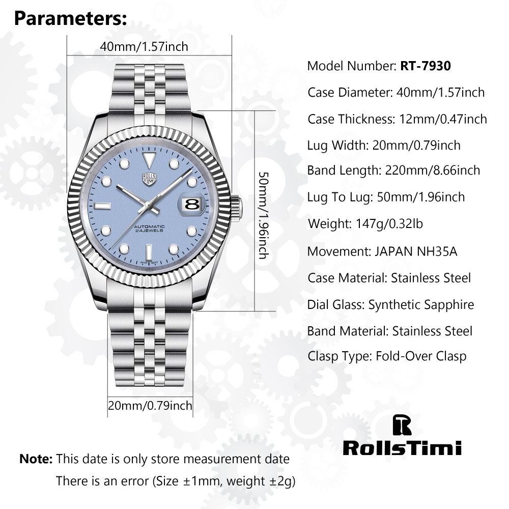 RollsTimi Men's RT-7930 Automatic Watches 40mm Stainless Steel Waterproof Luxury Wrist Watch for Men, Synthetic Sapphire Dial Glass, Auto Date