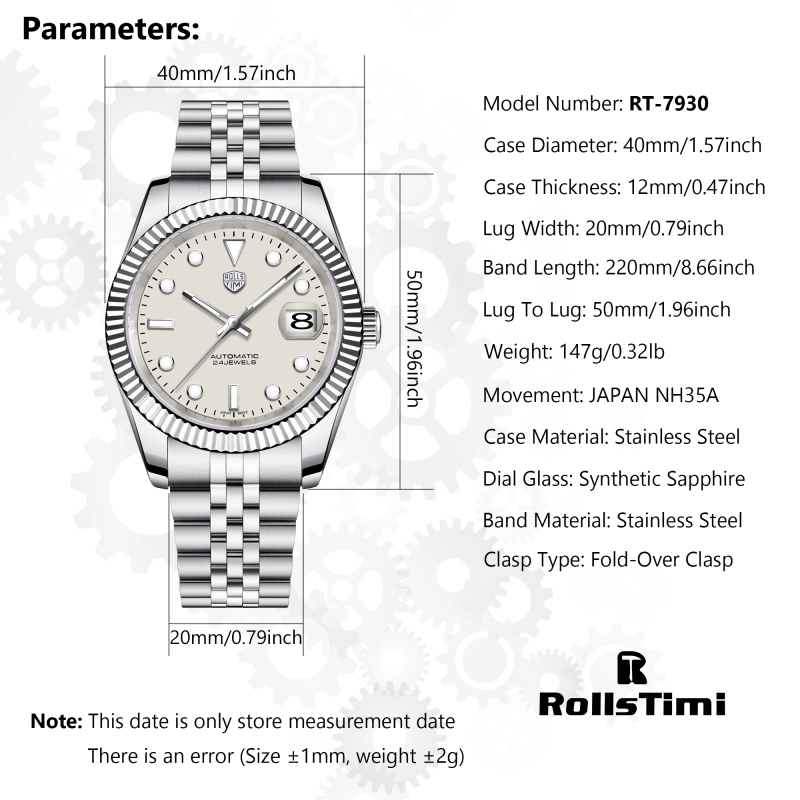 RollsTimi Men's RT-7930 Automatic Watches 40mm Stainless Steel Waterproof Luxury Wrist Watch for Men, Synthetic Sapphire Dial Glass, Auto Date