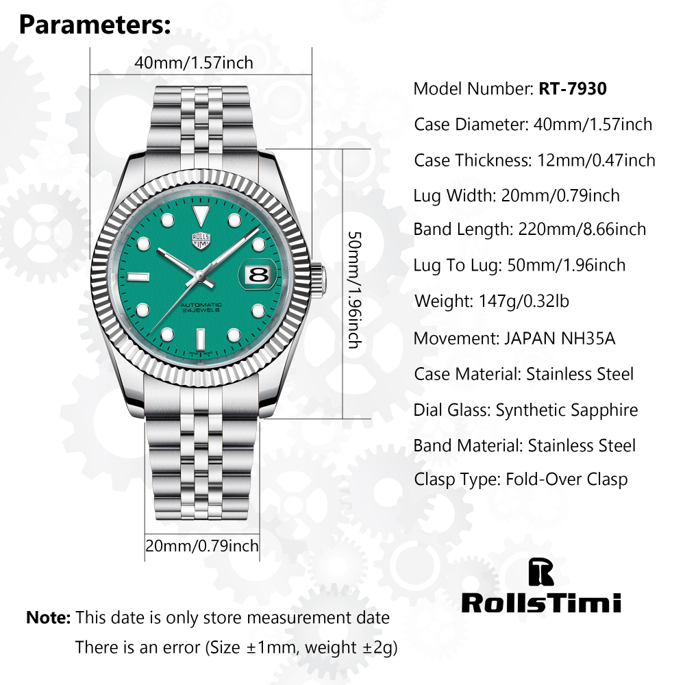 RollsTimi Men's RT-7930 Automatic Watches 40mm Stainless Steel Waterproof Luxury Wrist Watch for Men, Synthetic Sapphire Dial Glass, Auto Date