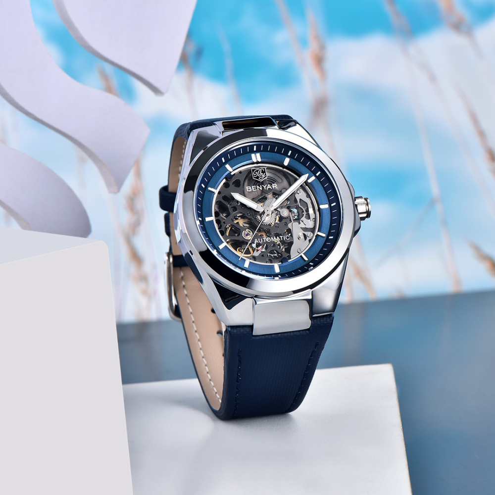 BENYAR Automatic Men's Watches 42mm Skeleton Mechanical Wrist Watch for Men, Leather Watchband, Blue, Black, White