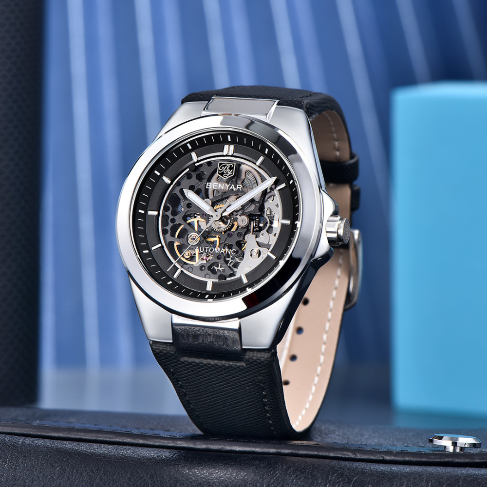 BENYAR Automatic Men's Watches 42mm Skeleton Mechanical Wrist Watch for Men, Leather Watchband, Blue, Black, White