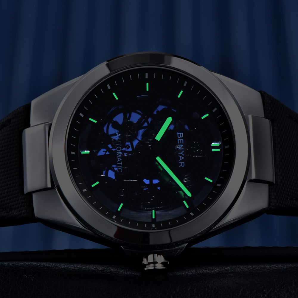 BENYAR Automatic Men's Watches 42mm Skeleton Mechanical Wrist Watch for Men, Leather Watchband, Blue, Black, White