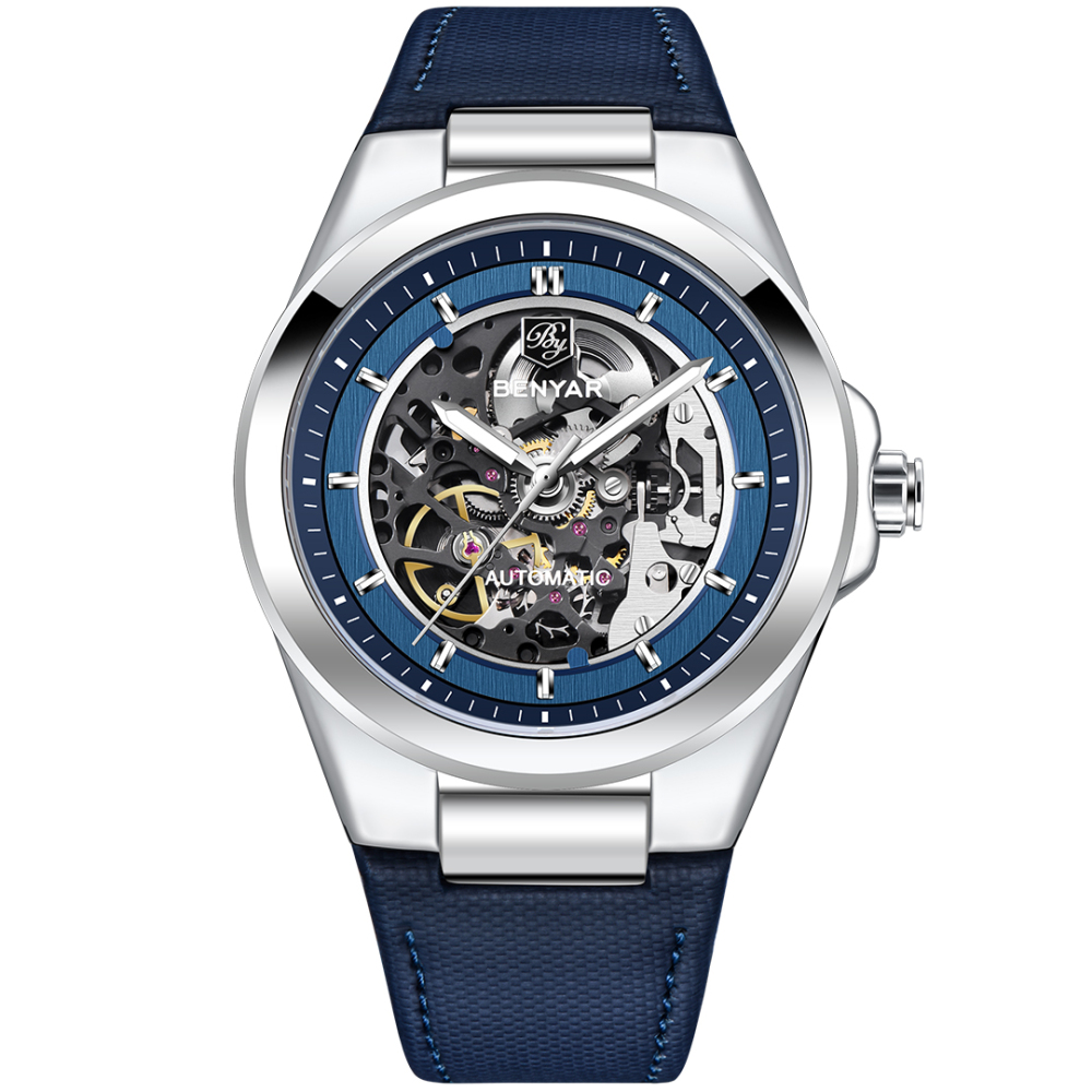 BENYAR Automatic Men's Watches 42mm Skeleton Mechanical Wrist Watch for Men, Leather Watchband, Blue, Black, White