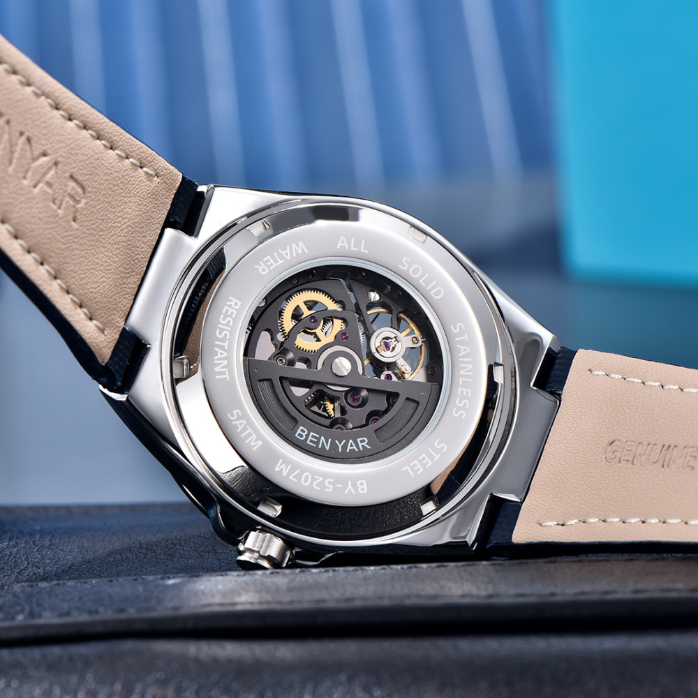 BENYAR Automatic Men's Watches 42mm Skeleton Mechanical Wrist Watch for Men, Leather Watchband, Blue, Black, White